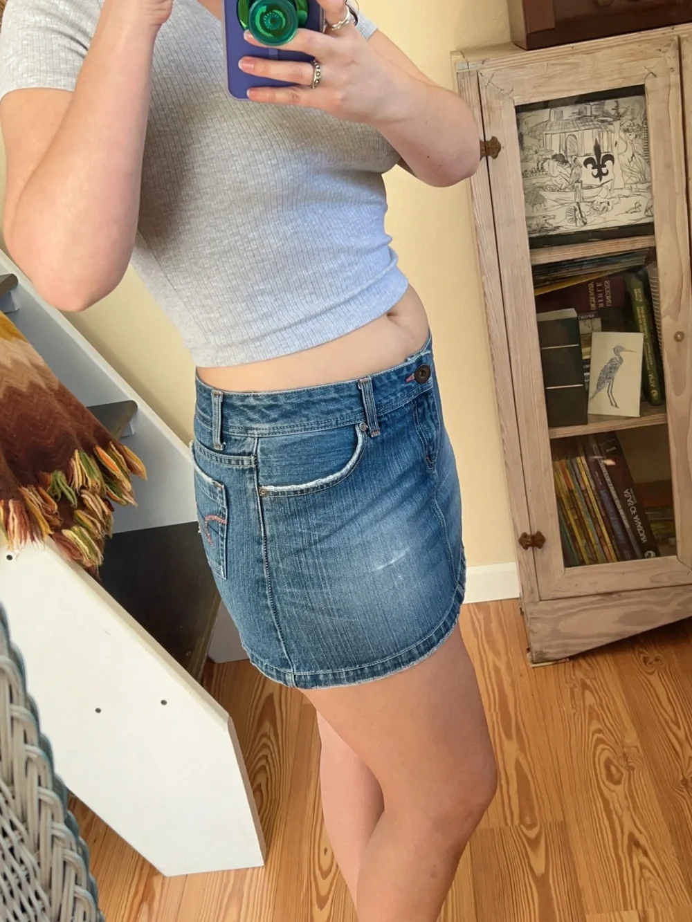 Vintage Y2K American Eagle Faded Denim Super Mini Skirt Low rise Pink Rhinestone - Picture 4 of 12